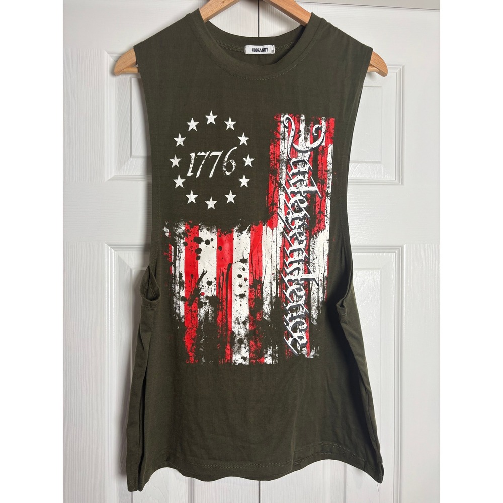 COOFANDY Mens Muscle Tank Top Olive Green 1776 Independence Graphic Size M